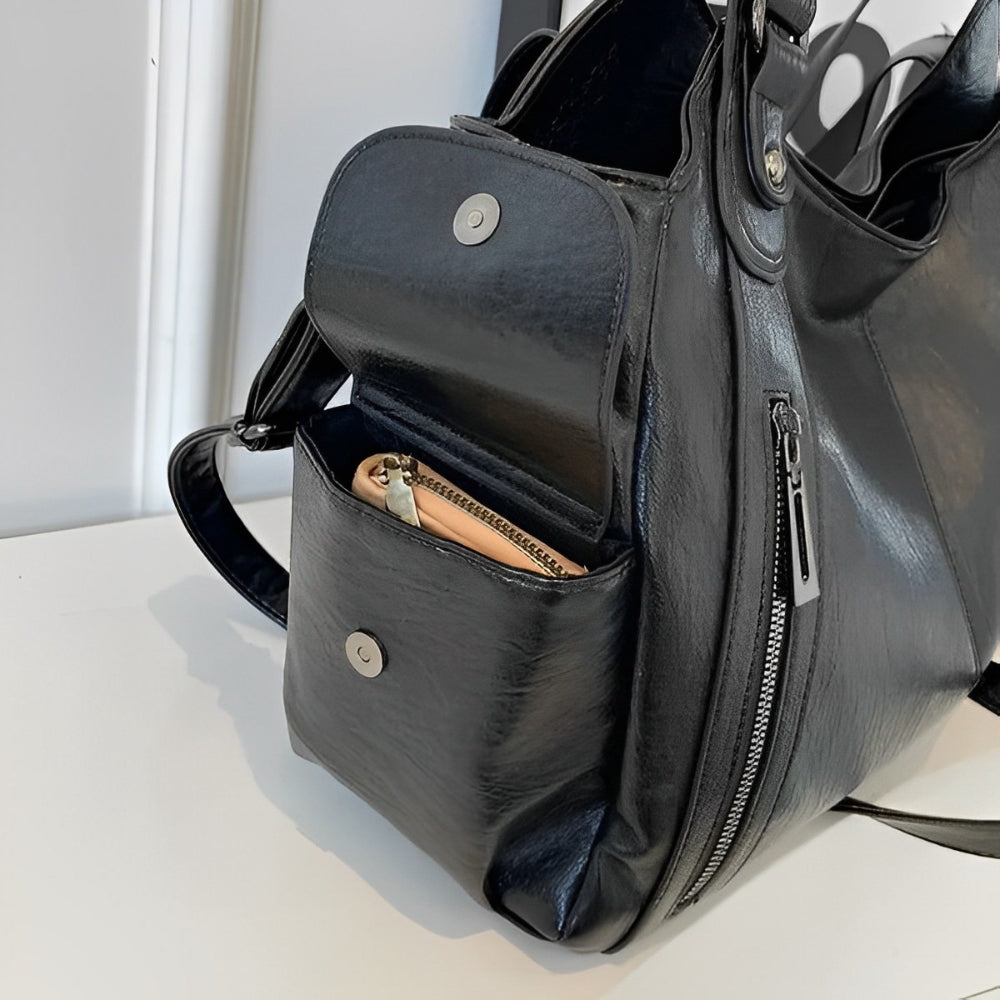 Vegan Leather Shoulder Bag | Multi-Pocket