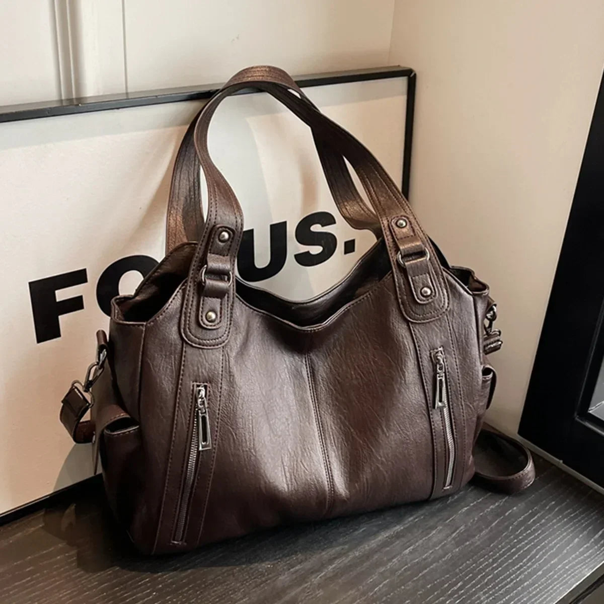 Vegan Leather Shoulder Bag | Multi-Pocket