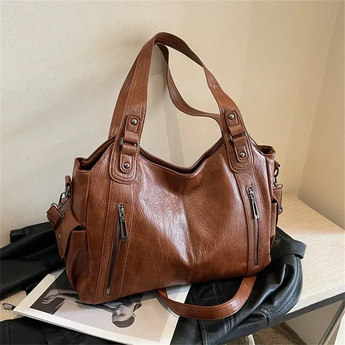 Vegan Leather Shoulder Bag | Multi-Pocket