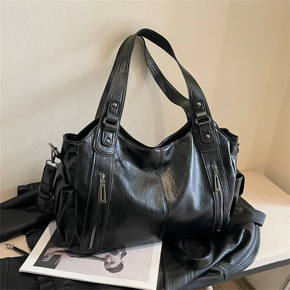 Vegan Leather Shoulder Bag | Multi-Pocket