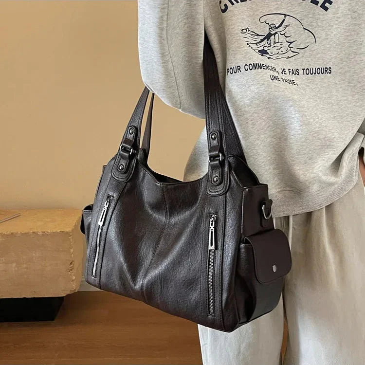 Vegan Leather Shoulder Bag | Multi-Pocket