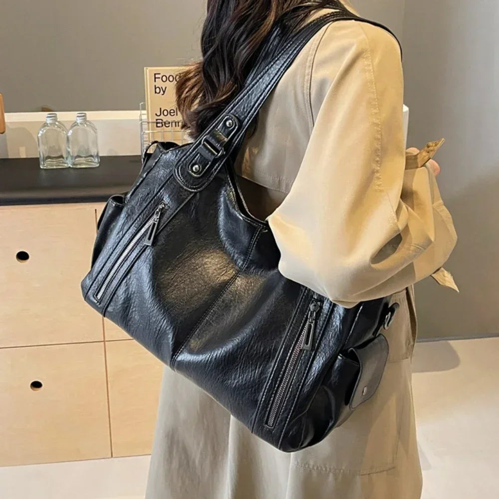 Vegan Leather Shoulder Bag | Multi-Pocket